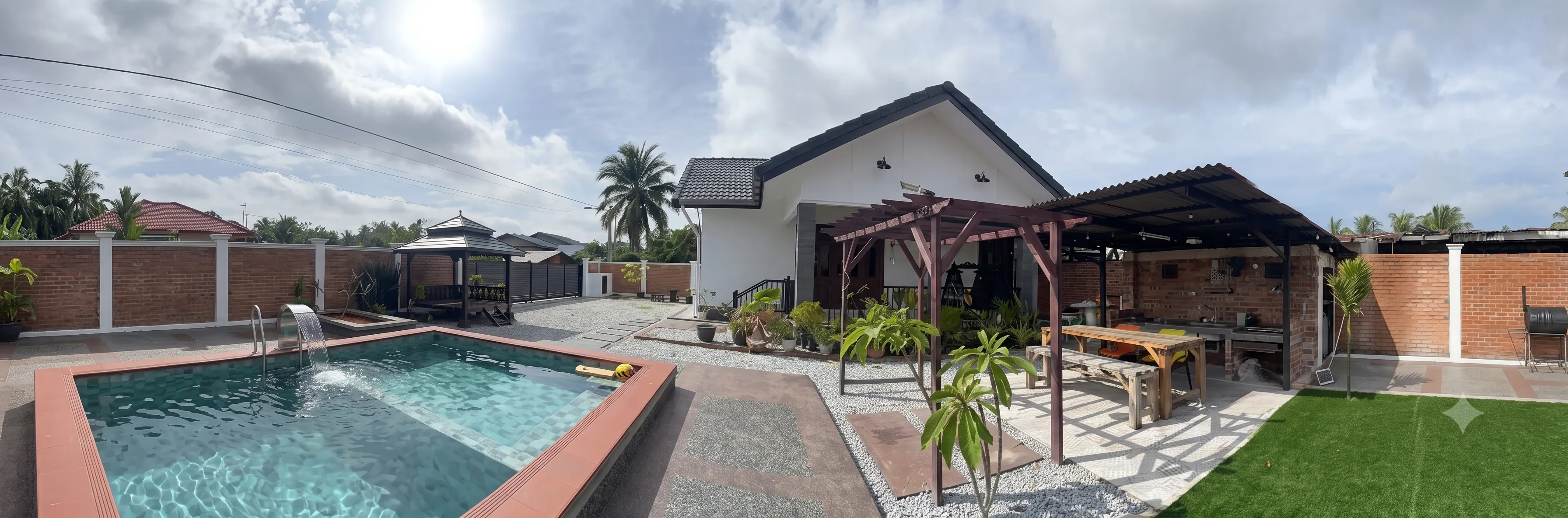 Daytime panorama of Ellamin Courtyard private pool, gazebo, pergola, BBQ bay, and lawn