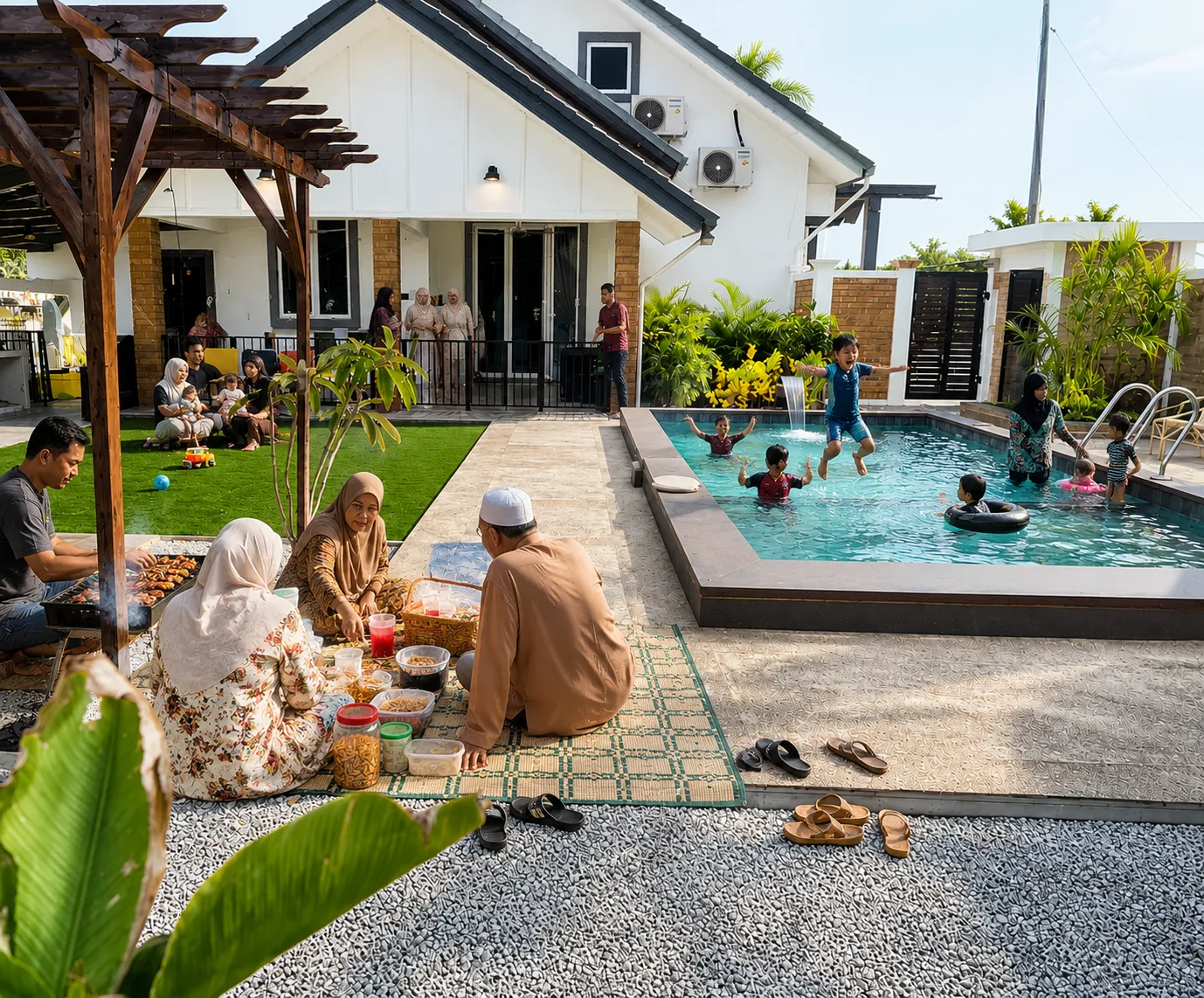 Family day gathering at Ellamin Courtyard with children swimming and BBQ picnic setup