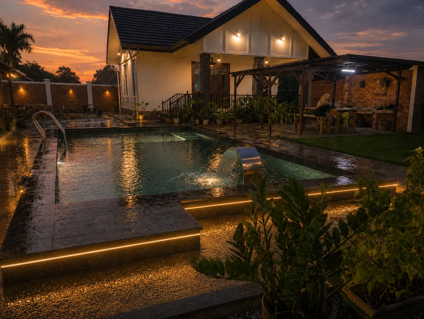 Rainy sunset pool ambience at Ellamin Courtyard